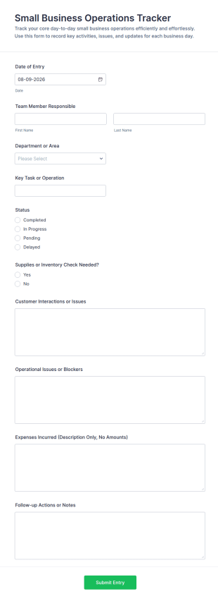 Small Business Operations Tracker Form Template