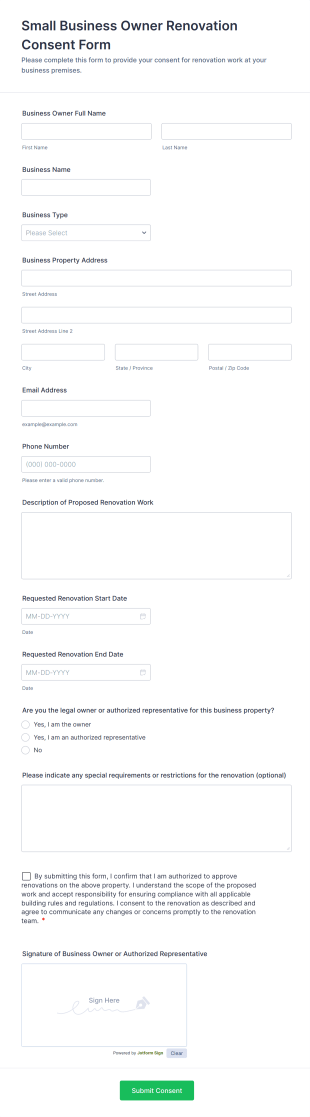 Small Business Owner Renovation Consent Form Template