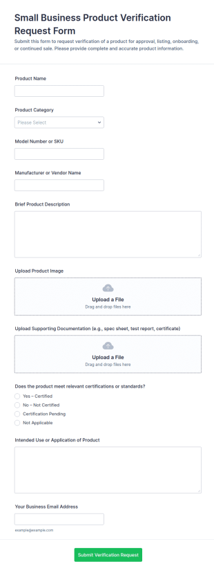 Small Business Product Verification Request Form Template