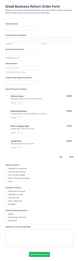 Small Business Return Order Form Template