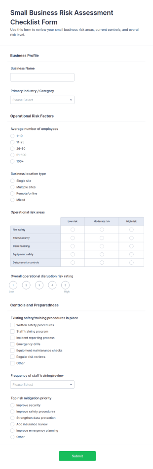Small Business Risk Assessment Checklist Form Template