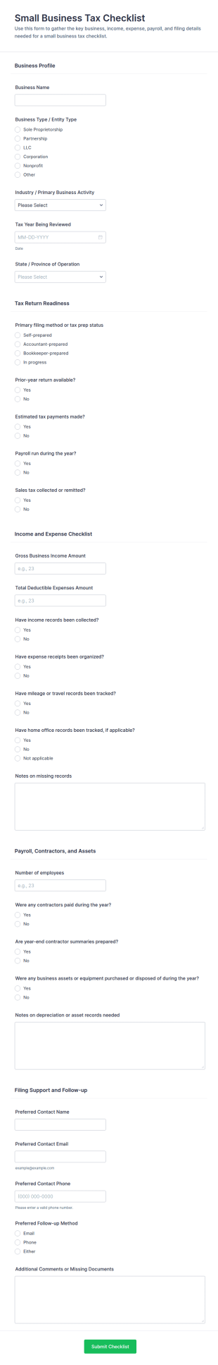 Small Business Tax Checklist Form Template