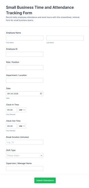 Small Business Time And Attendance Tracking Form Template