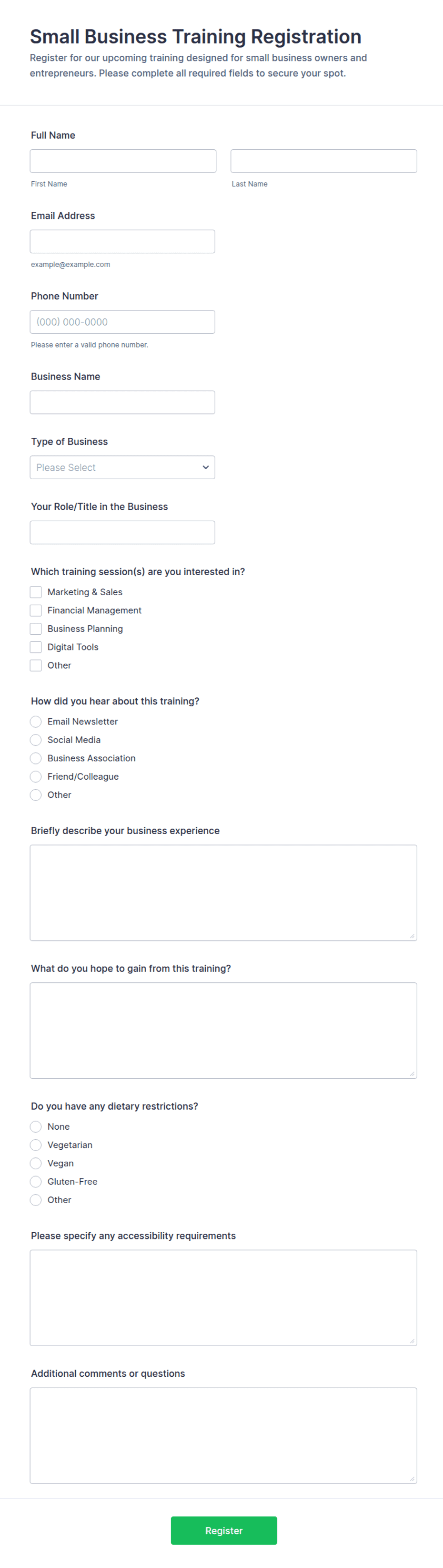 Small Registration Form Small Business Training Registration Form Template | Jotform