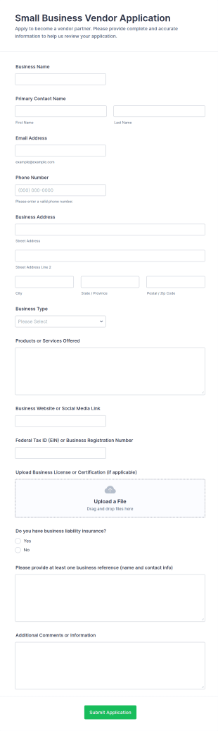 Small Business Vendor Application Form Template