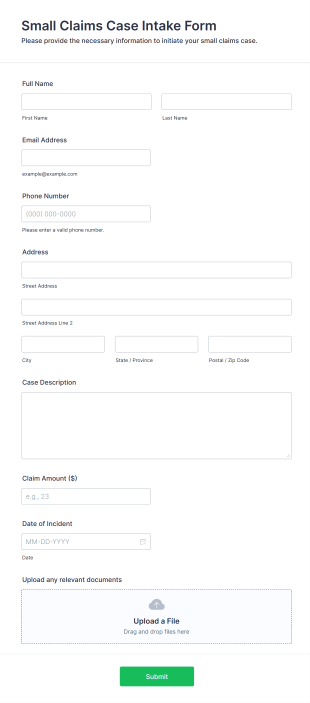 Small Claims Case Intake Form Form Template