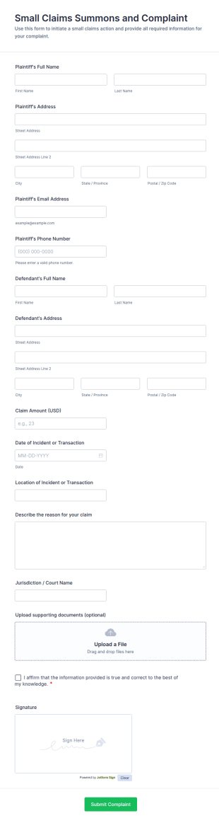 Small Claims Summons And Complaint Form Template