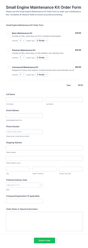 Small Engine Maintenance Kit Order Form Template