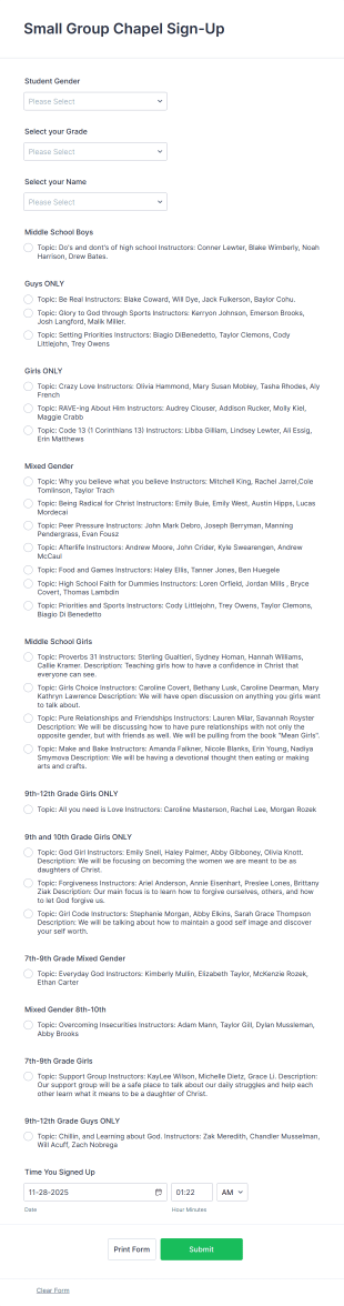 Small Group Chapel Sign Up Form Template