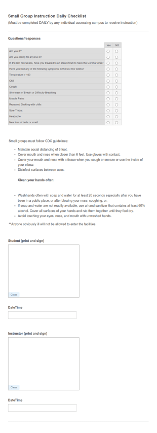 Small Group Instruction Daily Checklist Form Template