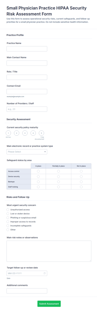 Small Physician Practice Security Risk Assessment Form Template