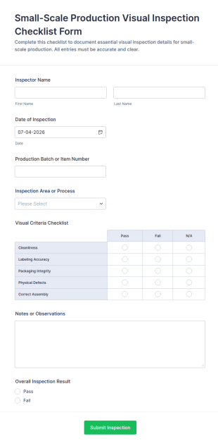 Small Scale Production Visual Inspection Checklist Form Template