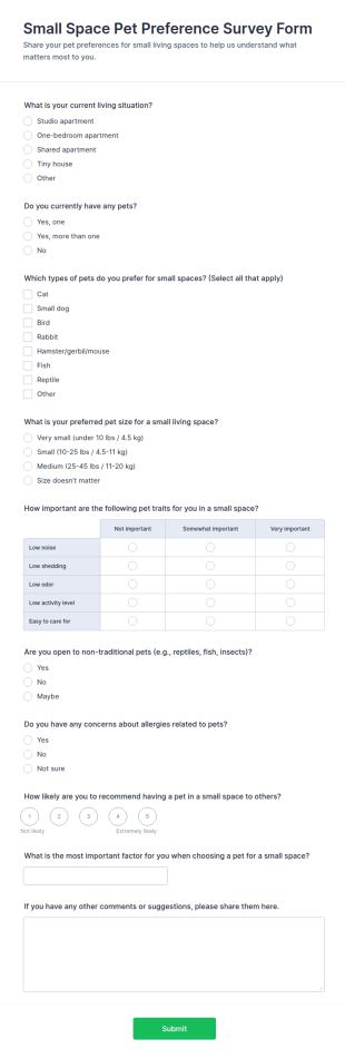 Small Space Pet Preference Survey Form Template