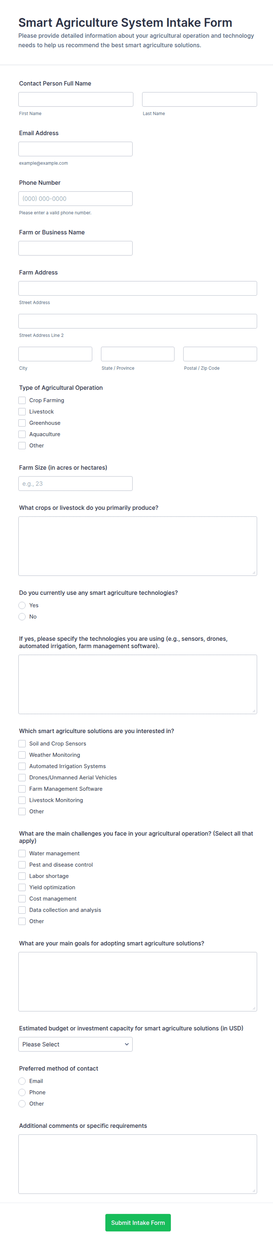 Smart Agriculture System Intake Form Template | Jotform