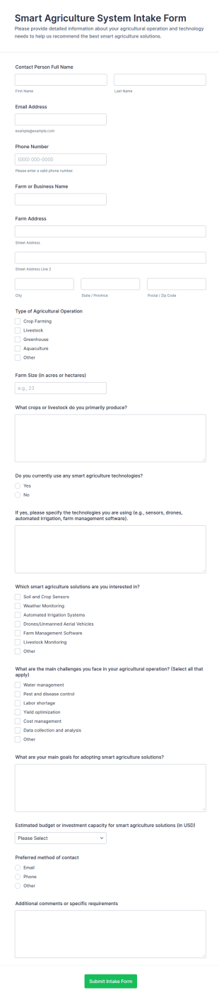 Smart Agriculture System Intake Form Template