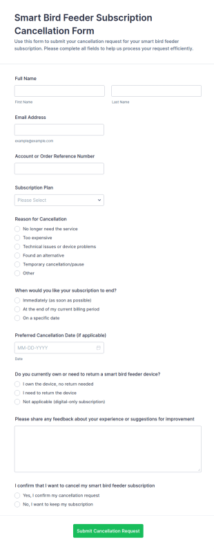 Smart Bird Feeder Subscription Cancellation Form Template