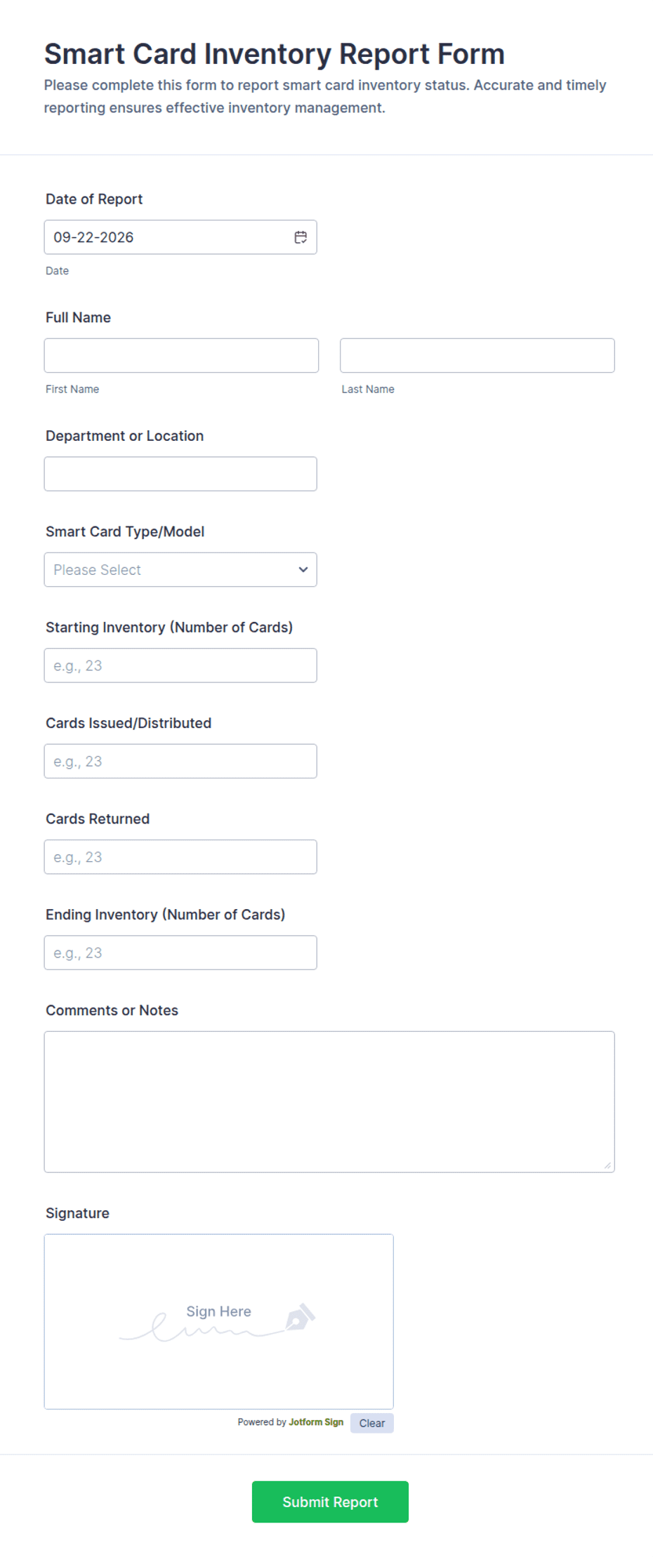Enventory Example Smart Card Inventory Report Form Template | Jotform