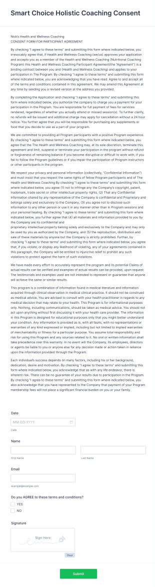 Holistic Coaching Consent Form Template