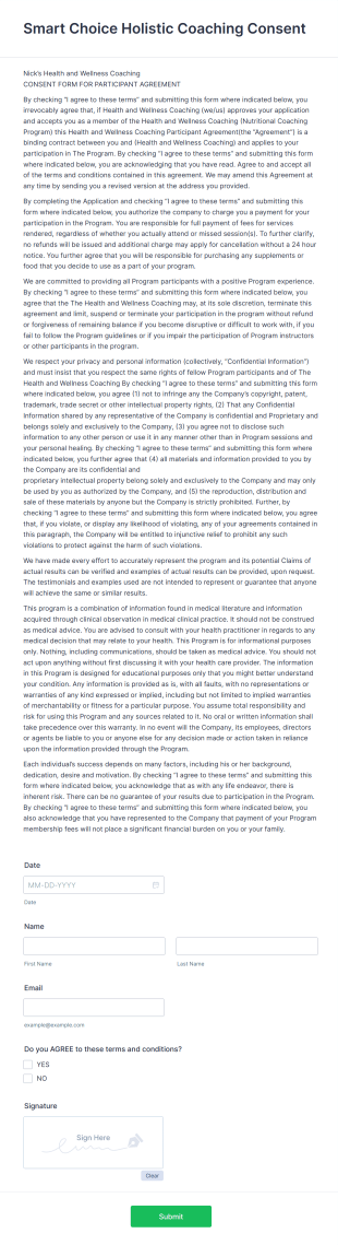 Holistic Coaching Consent Form Template