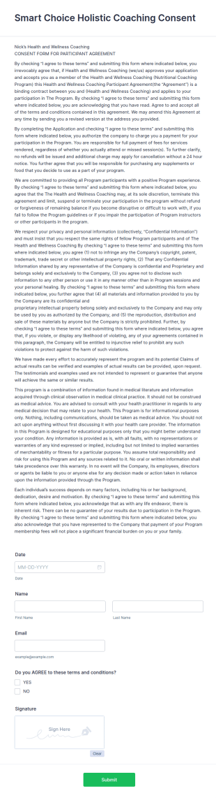 Holistic Coaching Consent Form Template