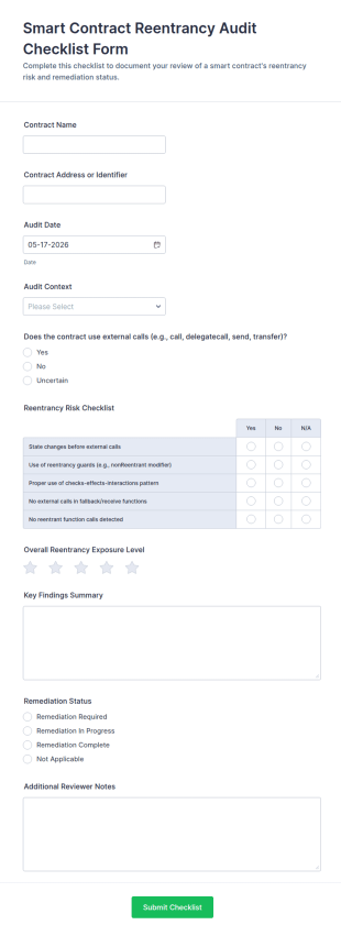 Smart Contract Reentrancy Audit Checklist Form Template