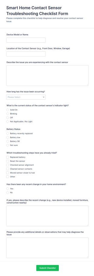 Smart Home Contact Sensor Troubleshooting Checklist Form Template