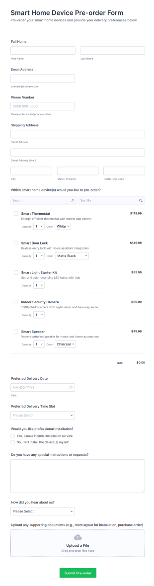 Smart Home Device Pre Order Form Template
