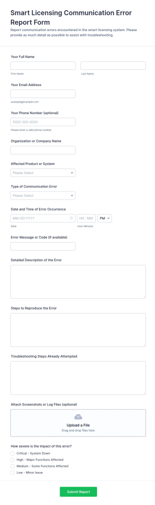 Smart Licensing Communication Error Report Form Template