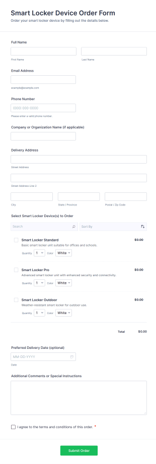 Smart Locker Device Order Form Template