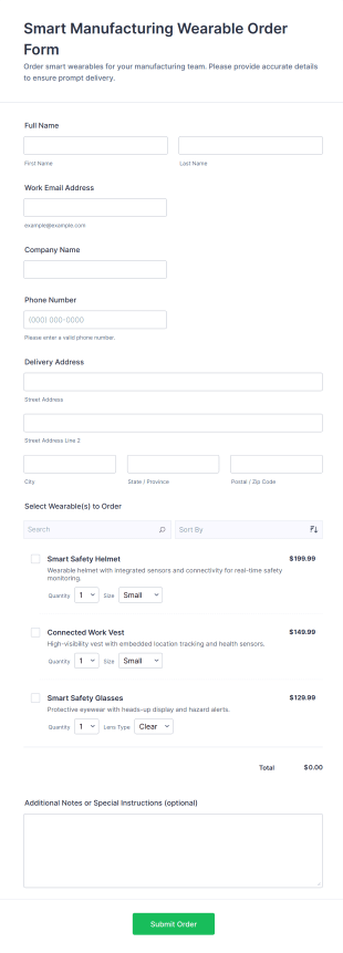 Smart Manufacturing Wearable Order Form Template