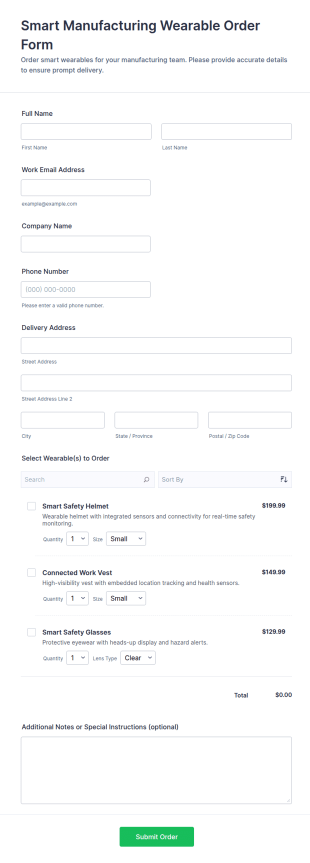 Smart Manufacturing Wearable Order Form Template