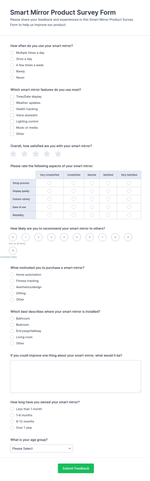 Smart Mirror Product Survey Form Template