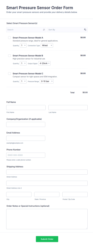 Smart Pressure Sensor Order Form Template
