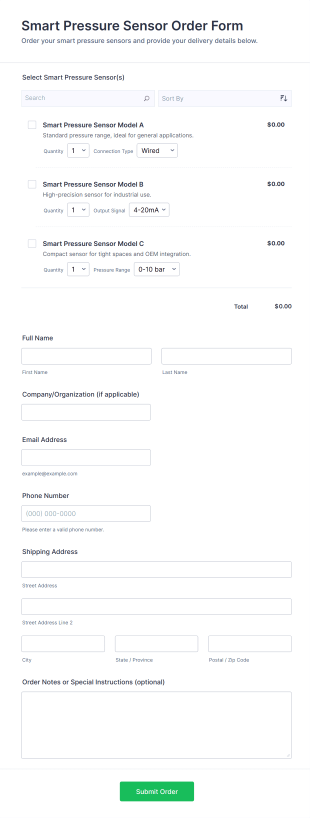 Smart Pressure Sensor Order Form Template
