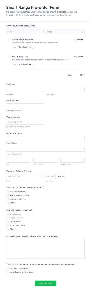 Smart Range Pre Order Form Template