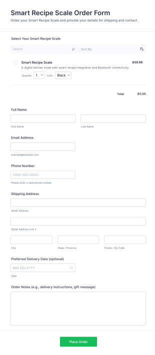 Smart Recipe Scale Order Form Template