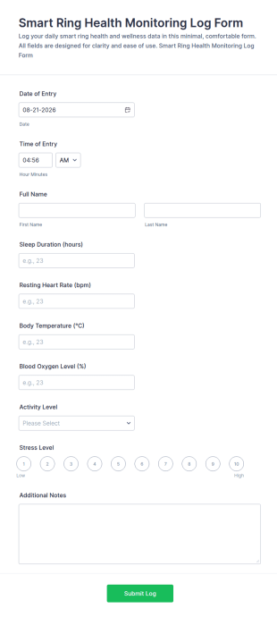 Smart Ring Health Monitoring Log Form Template