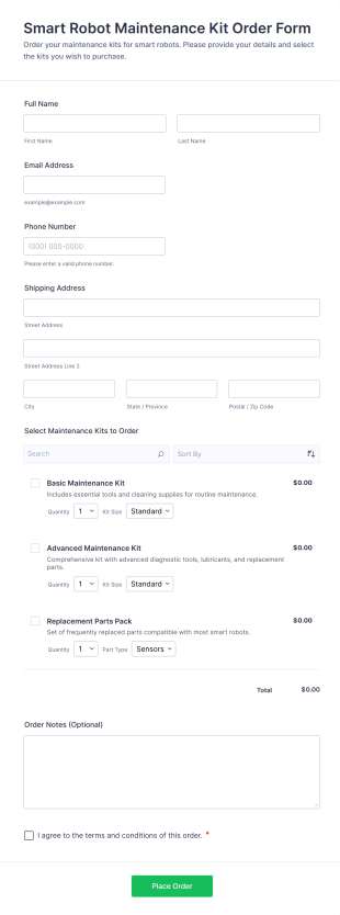 Smart Robot Maintenance Kit Order Form Template