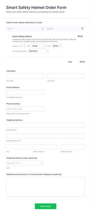 Smart Safety Helmet Order Form Template