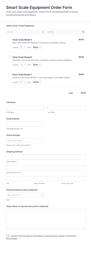 Smart Scale Equipment Order Form Template