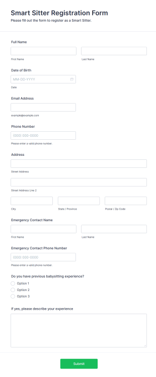 Smart Sitter Registration Form Template