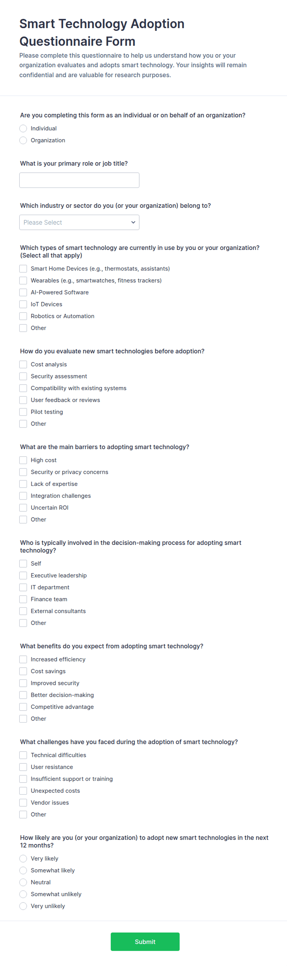 Smart Technology Adoption Questionnaire Form Template | Jotform