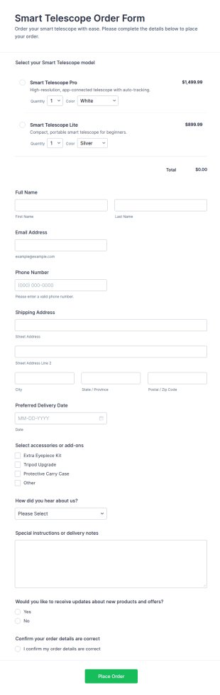 Smart Telescope Order Form Template