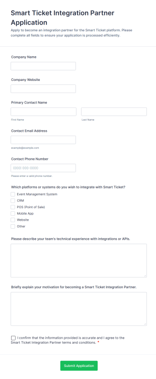 Smart Ticket Integration Partner Application Form Template