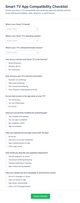 Smart TV App Compatibility Checklist Form Template