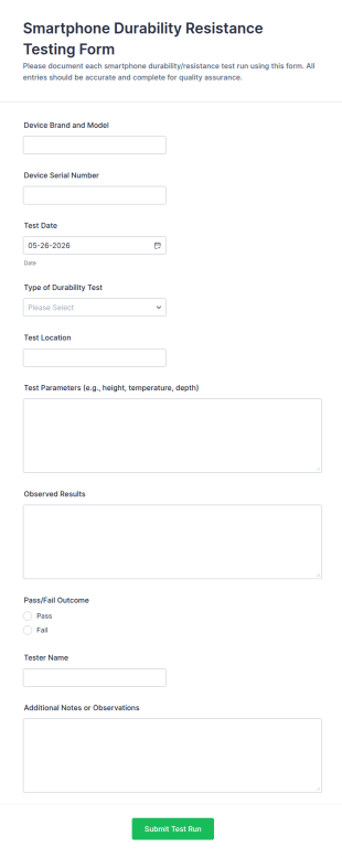 Smartphone Durability Resistance Testing Form Template