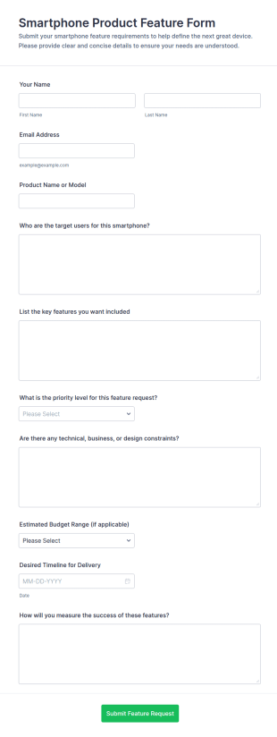 Smartphone Product Feature Form Template
