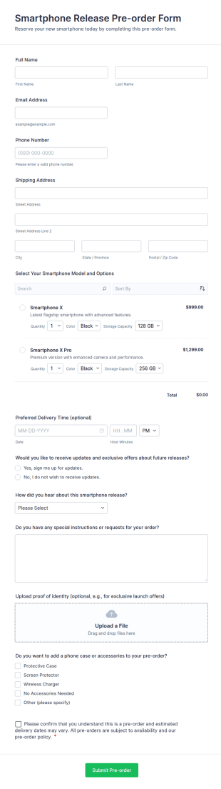 Smartphone Release Pre Order Form Template