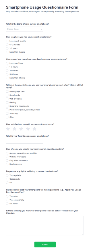 Smartphone Usage Questionnaire Form Template