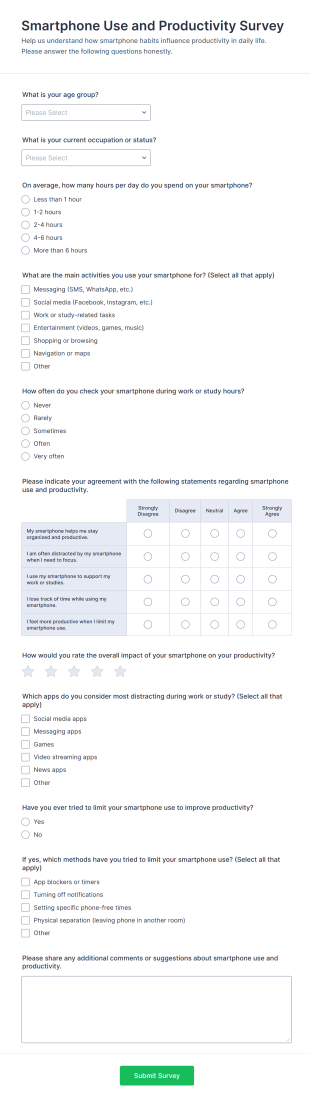 Smartphone Use And Productivity Survey Form Template